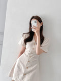 Pbong  Sweet Short Dress Women's Summer New Style High Waist Slim Fit V-neck Korean Version Commute A-line Skirt Bubble Sleeve