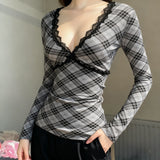 Pbong  Y2K Lace Lace T Shirt Women Deep V Neck Plaid Long Sleeve Slim Fit Slimming Fashion Inner Top Pure Desire Sweet Style