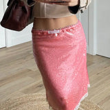 Vintage Sweet Pink Sequin Skirt for Women Simple Slim Fit Bodycon Skirts 2025 Summer New All-match Faldas Sexy Mujer