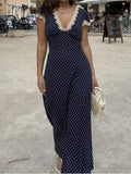 Chic Fashion Lace Polka Dot Long Dress V-neck Sexy Women Dress Navy Blue Vintege Elegant Dresses 2025 New Woman Clothing