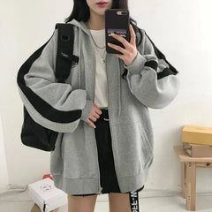 Korean Style Zip Hoodie Women Autumn Harajuku Loose Long Sleeve Patchwork Oversized Hoodie Casual School Clothes
