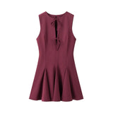 Deep V-neck Lace-up Short Dress 2025 New Zipper Hollow Out Sexy Summer Women Dress Solid Color Fashion Chic Pleated Tank's Dress
