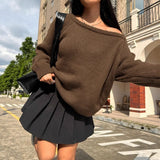 Pbong  Elegant Long Sleeve Overhead Sweater Loose Lazy Style Shoulder Bared Knitted Top Versatile Comfortable Fit Chinese Brand AE