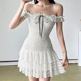 Pbong  Vantage bow Sexy Backless strapless dress Summer Women's Dresses New Skinny High Waist pleated Slash Neck Lace Dress Woman