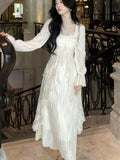 Women Elegant Solid Ruffles Fairy Dresses Korean Lace Patchwork Slim Waist A Line Dress Princess Party Vestidos Female Robe New