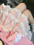 Pbong  Retro Floral Cute Skirts Women High Waist Sweet Japan Mini Skirt Casual Lace Patchwork Vintage Female Elegant Kawaii Skirt