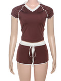 Sporty Casual Women 2 Piece Set Tracksuit Stretch Polo Neck Crop Tops+Wide Waist Shorts Fit Matching Streetwear Outfits