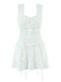 Pbong  Summer French Solid All Match Sweet V Neck Sleeveless Slim Waist Folds Lace-up Dresses