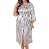 Pbong  New Female Robe Nightdress Striped Kimono Bathrobe Gown With Belt Sexy V-neck Nightgown Sleepwear Loose Satin Home Dress Bye