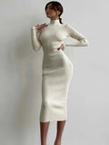 Knitted White Dress Turtleneck Long Sleeve Bodycon Dress Autumn Winter Elegant Party Evening Black Dresses for Women