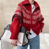 Women Fair Isle Sweater Zipper Front Collared Zip-up Sweater Knit Jacket Cozy Knitwear Teen-girl Fall Winter Vintage Outfit