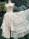 Gothic Lolita Lace Mesh Ruffles Fairy Princess Party Skirt Women Asymmetrical Cute Curtain Sheer Cover Up Thin Long Skirt White