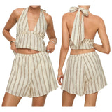 Pbong  Womens 2Pieces Striped Loungewear Set Tie-Up Halter V-Neck Sleeveless Backless Tank Tops+Elastic Waist Shorts Outfits