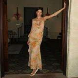 Halter Print Maxi Dress For Women Backless Sleeveless Trend Ruffles Sexy Dress 2025 Summer Female Vacation Boho Beach Dresses