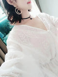 Pbong  Korean Elastic Waist Woman Dress V Neck  Embroidery Sweet Bandage Temperament Dresses Vintage Robe Femme