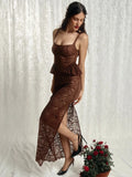 Lace See Through Sexy Maxi Dress Women Elegant Spaghetti Strap Sleeveless Backless Thigh High Split Club Long Dress