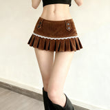 Pbong  Lace Splicing Corduroy Pleated Short Skirt Women's Low Waist Slim Fit Brown Casual Mini Skirt