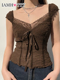 Lace-up Lace Patchwork Y2K Top Short Sleeve Summer Casual Cute Clothes Vintage Tank Tops Coquette T-shirt Women Tees