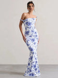 Leopard Print Incline Shoulder Sexy Maxi Dress Women Fashion Irregular Sleeveless Backless Club Party Long Dress