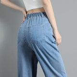 Pbong  Korean Soft Jeans Women Summer Ultra-thin High-waisted Straight Drape Ice Silk Denim Pants Youth Simple Casual Wide-leg Trousers