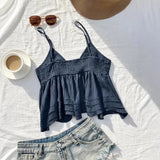 Pbong  Casual Euramerican Beach Style Lazy Tank Tops Harajuku Y2k Sweet Exquisite Lace Hollow Out Tees Pleated Punk Spice Girl Clothes