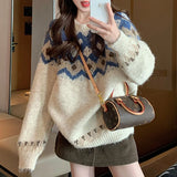 Fair Isle Sweater for Women Thick Chunky Knit Long Sleeve Crew Neck Oversize Pullover Jumper Vintage Fall Winter Outfit