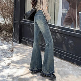 Woman High Waist Vintage Casual Flare Jeans Girls Elastic Slim Fit Bell Bottom Pants Lady Fashion Blue Black Grey Denim Trousers