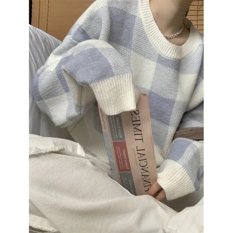 Cropped Sweater Korean O-neck Plaid Printing Preppy Style Pullover Sweater Women Simple Sweet Sweaters For Women Student Sweater