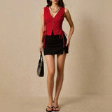 Vests Spring Summer French  Skinny Fit Single Breasted Lace-Up Sleeveless V-Neck Fashion Vests For Women