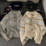 Woman Fair Isle Sweater Polo Collar Button Front Cozy Knit Pullvers Jumper Female Autumn Winter Preppy Vintage Outfit
