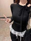 Knit Bow Tied Basic Top Women Patchwork Lace Ruffles Slim fit Long sleeve T-shirt Solid color Plain Tees Shirt Ladies Korean