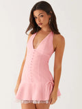 Halter Backless Sexy Mini Dress Women Robe Summer New Lace Patchwork Sleeveless V Neck High Waist Ruffled Dress