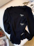 Black/White Solid Lettuce Trim Bowknot Pullover Sweater Y2K Casual Long Sleeve Sweater For Spring & Fall Women's Clothing