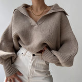 Pbong  New Women's Faion Knitted Sweater Lapel Pullover Blouse Svel Autumn Season Other Material 00% Ladies Knitwear