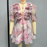 Fairy Fashion Sweet Elegant French Deep V Neck Short Sleeve Dress Constrast Color Flower Print A-line Clothe Chiffon Women Dress