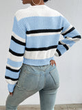 autumn and winter hot sale new acrylic loose drop shoulder round neck color matching knitted long sleeve ladies sweater
