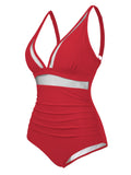 2025 Women's Beach Swimwear Solid Color Sheer Mesh Panel Plunging Neck One-piece Swimsuit