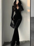 Autumn Sexy Bodycon Black Velvet Jumpsuit Women Fashion Hooded Zipper Flare Pants Rompers Vintage Y2k Streetwear Winter Outfits