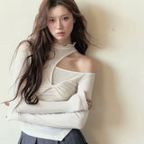 Chic Design Asymmetical O Neck Hollow Out Tops Front Cross Draped Office Lady French Shirts Y2k Harajuku American Punk Clothes
