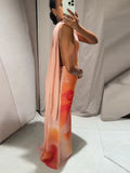 Pbong  Sexy Gradient Printed Scarf  Sling Long Dress Women Sleeveless Backless Female Evening Dress Summer Party Vacation Lady