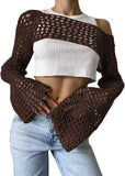 Pbong  New Harajuku Grunge Solid Slash Neck Women Crop Pullovers Y2k Aesthetic Knitted Sexy Sweaters Streetwear Hollow Out Autumn Tops