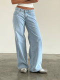 Women Jeans Low Waist Solid Color Wide Leg Straight Trousers with Pockets for Daily Streetwear Fashion Denim Pants