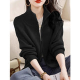 Women's Zip Up Sweater Cardigan Cozy Knit Stand Collar Zipper Front Plain Sweater Jacket Female Korean Chic Fall Winter Outfit