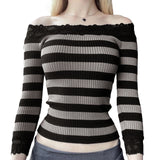 Pbong  Women Long Sleeve Knit Tops Off-Shoulder Striped Casual Pullovers Sweater Fall Shirts  Y2K Aesthetic Clothes Streetwear