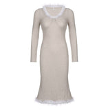 Fur Trim Knitted Slim Casual Long Dress