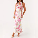Floral Print V Neck Halter Maxi Dress with Scarf Sexy Women Bodycon Long Dresses Lady Formal Cocktail Party Backless Sundress