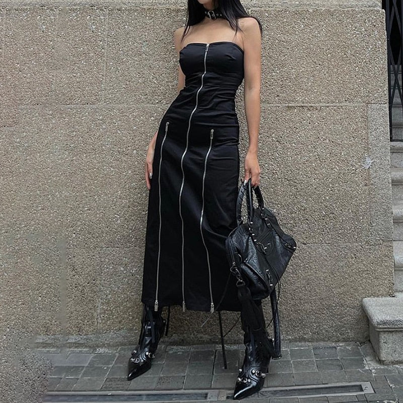 Fashion Zip Up Midi Dresses Cyber Y2k Mall Gothic Split Women Tube Dress Partywear Punk Off Shoulder Outfits