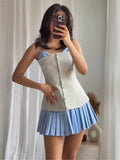 2025 New Vintage Stripe Patchwork Short Dress Fashion Pleated Slip Dress A-line Chic Single Breasted Summer Dress Vestidos