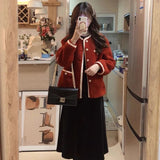 Red Faux Lamb Sweet Coat Women Korean Long Sleeve Winter Warm Jacket Vintage Casual O Neck Elegant Pearls Buttons Cute Tops