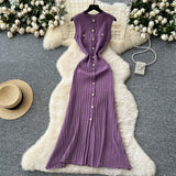 Brand Fashion Women Knitted Summer Dress Elegant Single-breasted Slim Waist Long Shirt Dress Office Lady Vestidos